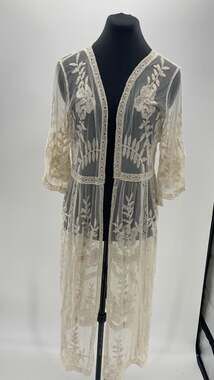 Rachel Zoe Cream Embroidered Lace Mesh Longline Kimono Cover-up